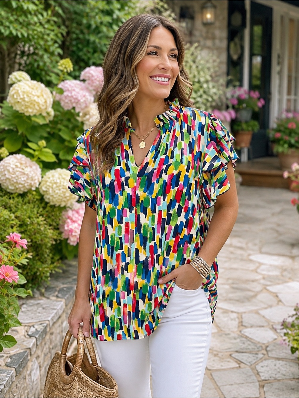 Haptics Abstract Brushstroke Flutter Sleeve Blouse | Large | NWOT